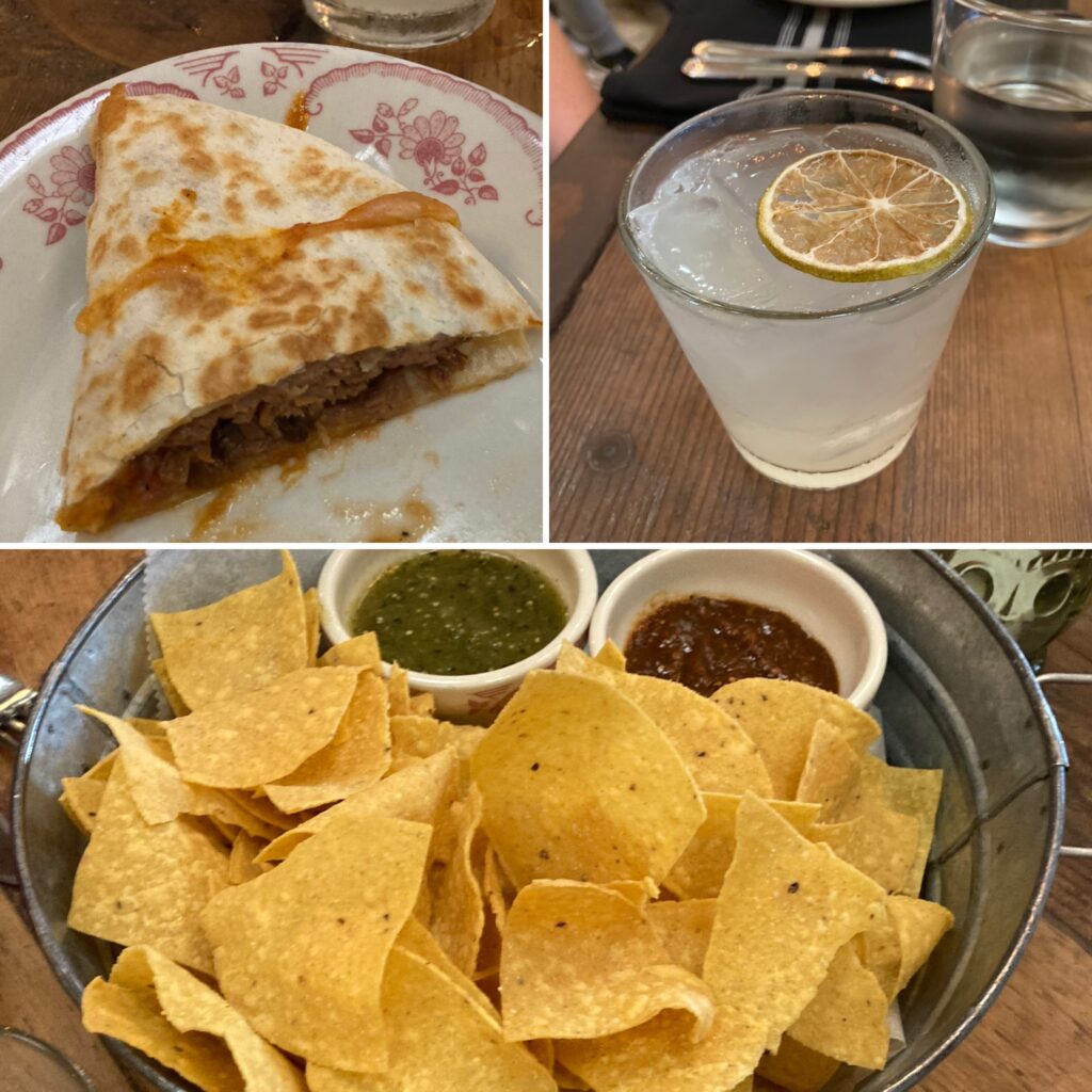 Collage of El Camino Food: quesadilla, margarita, and chips and salsa.